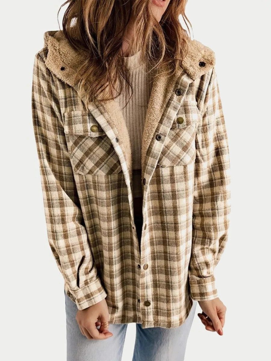 Oversized hooded plaid jacket for women