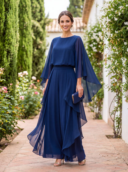 Mother of the bride cape-sleeve set in blue