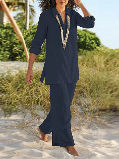 Lounge set showing soft V-neckline