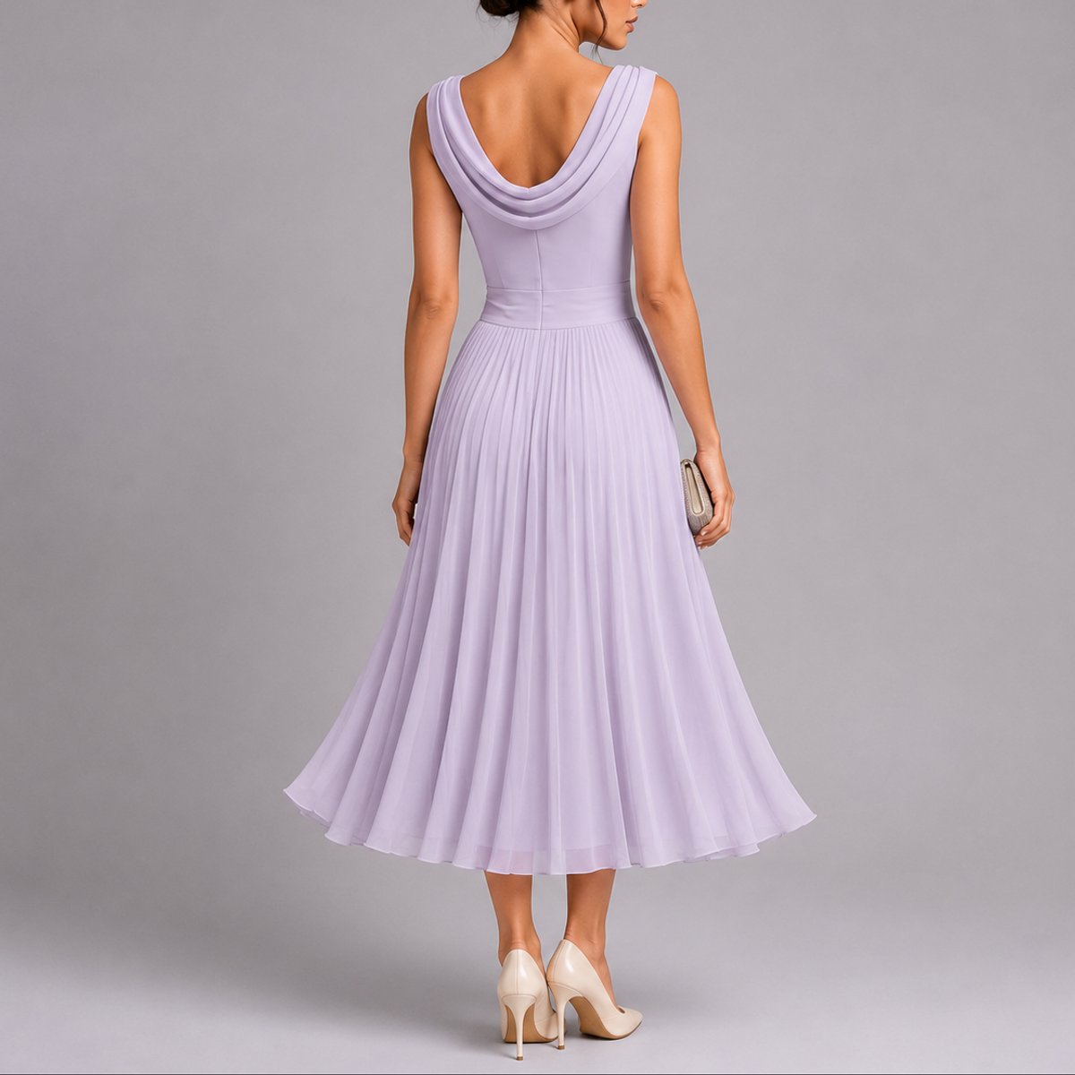 Josie pleated midi wedding guest dress with draped neck, front view
