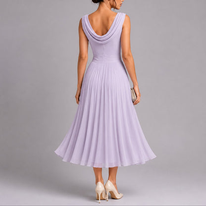 Josie pleated midi wedding guest dress with draped neck, front view