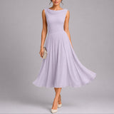 Josie pleated midi wedding guest dress with draped neck, front view