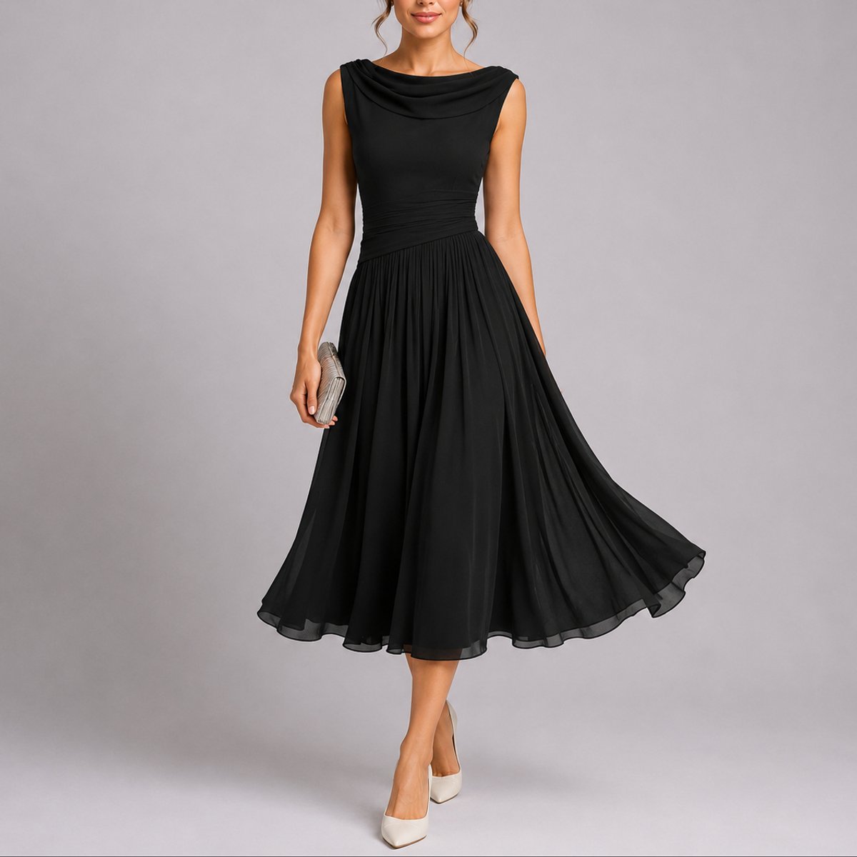 Pleated midi wedding guest dress with draped neck, back view