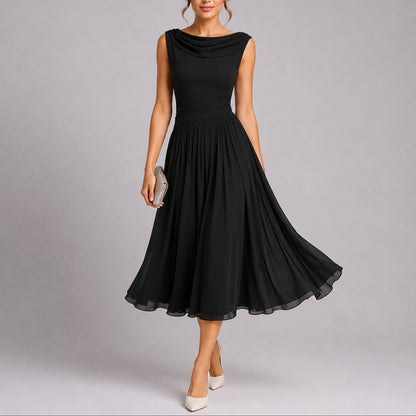 Pleated midi wedding guest dress with draped neck, back view