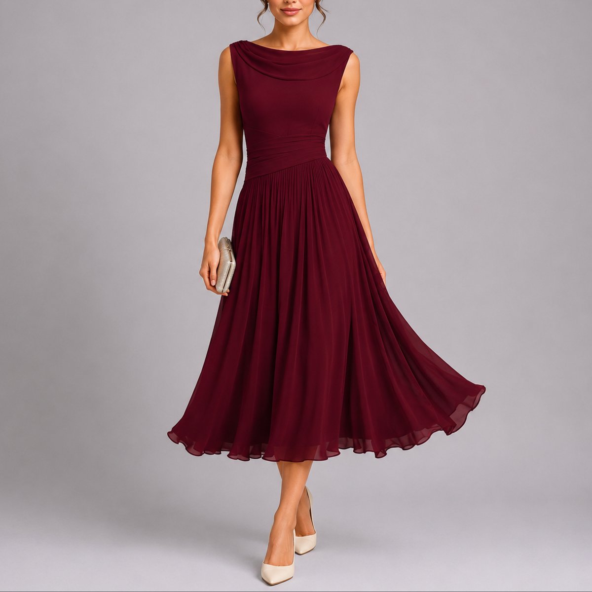 Pleated midi wedding guest dress with draped neck, close-up of the neckline