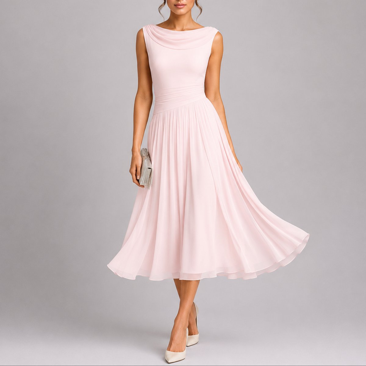 Pleated midi wedding guest dress with draped neck, detail of the waist