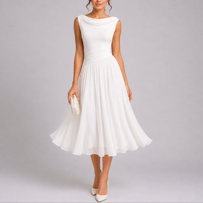 Pleated midi wedding guest dress with draped neck, full-length view