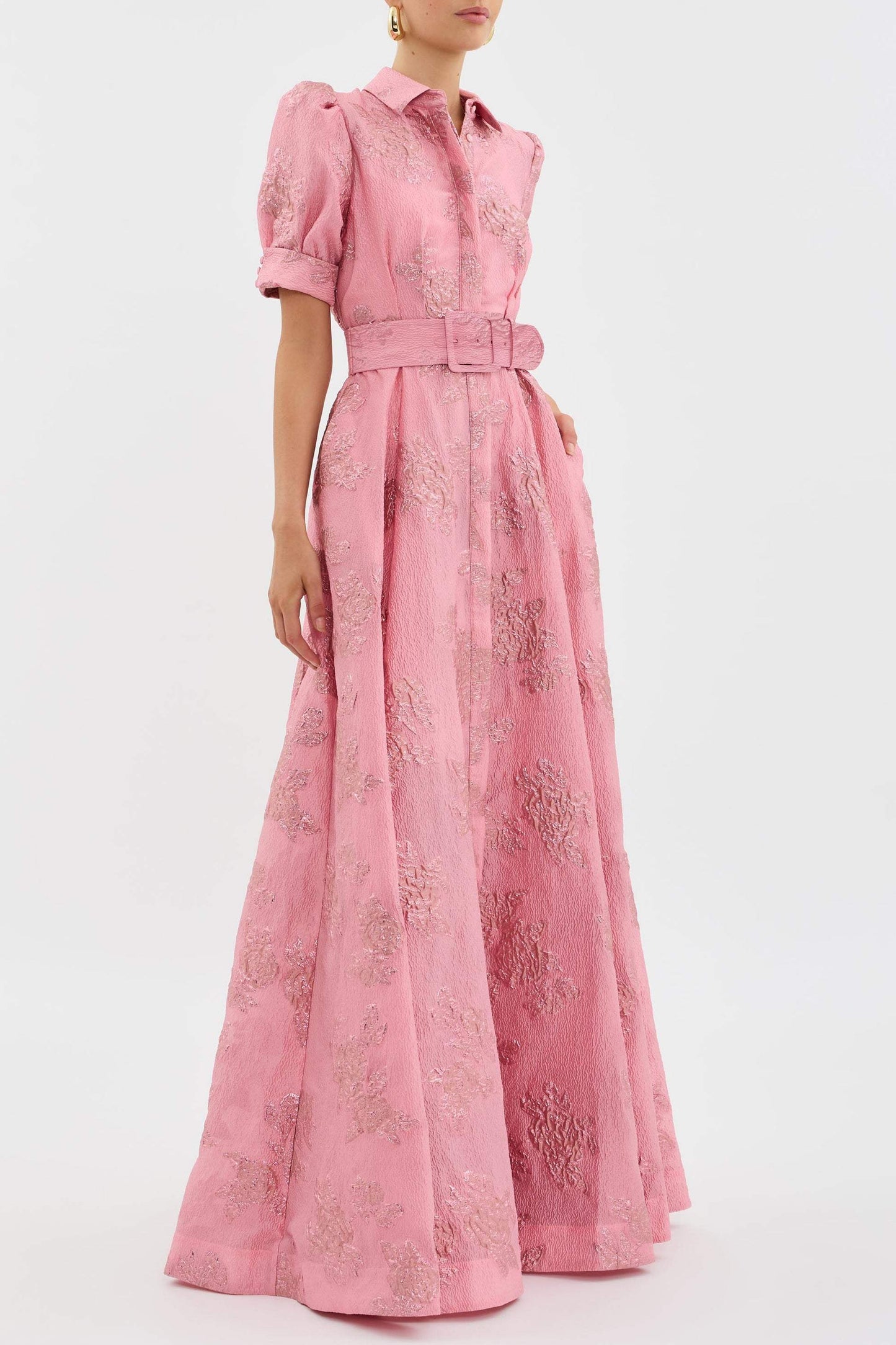 Belted floral midi dress with short sleeves