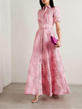Floral belted wedding guest midi dress in pink, front view