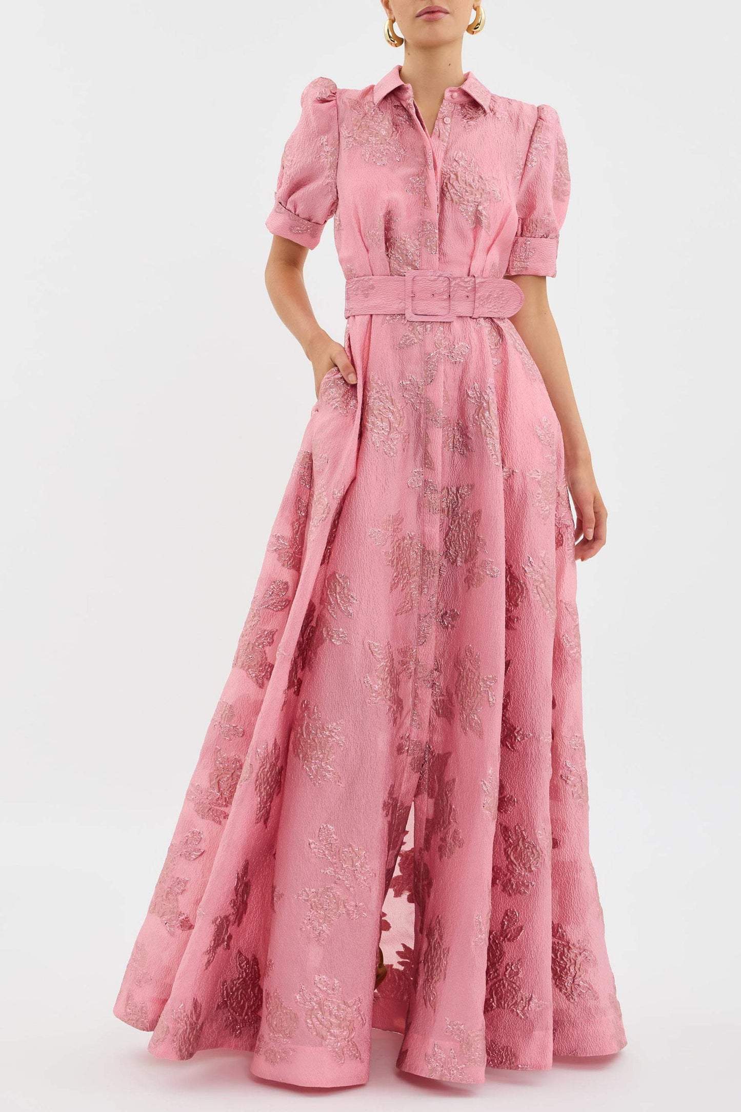 Floral belted wedding guest midi dress in pink, front view