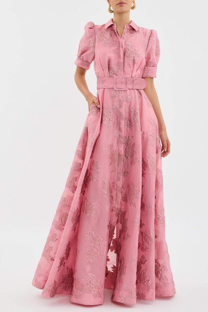 Floral belted wedding guest midi dress in pink, front view