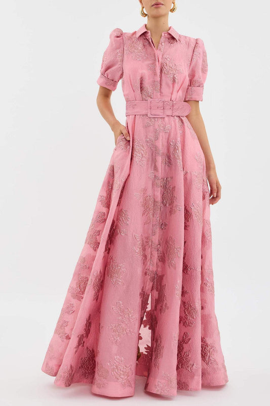 Floral belted wedding guest midi dress in pink, front view