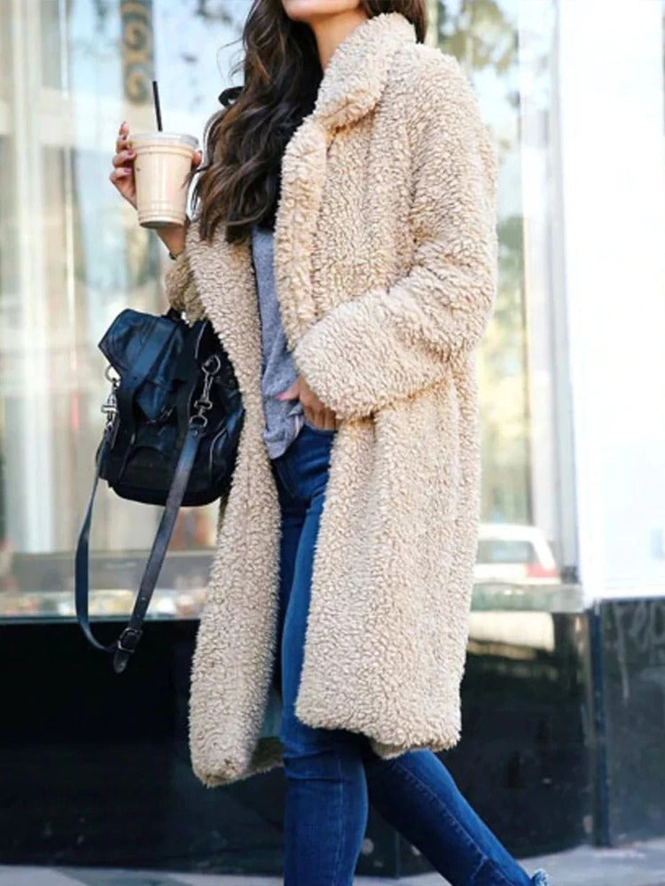 Long fleece teddy winter coat, side view