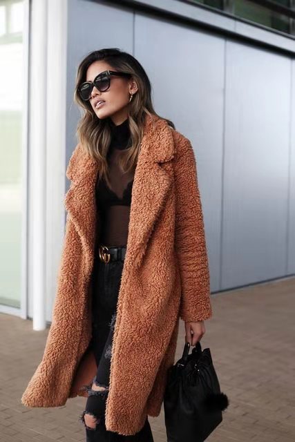 Long fleece teddy winter coat, open front view