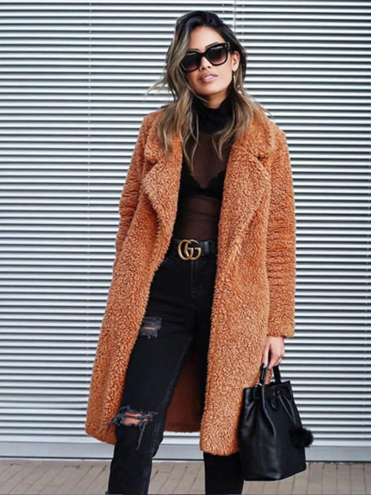 Long fleece teddy winter coat, styled view