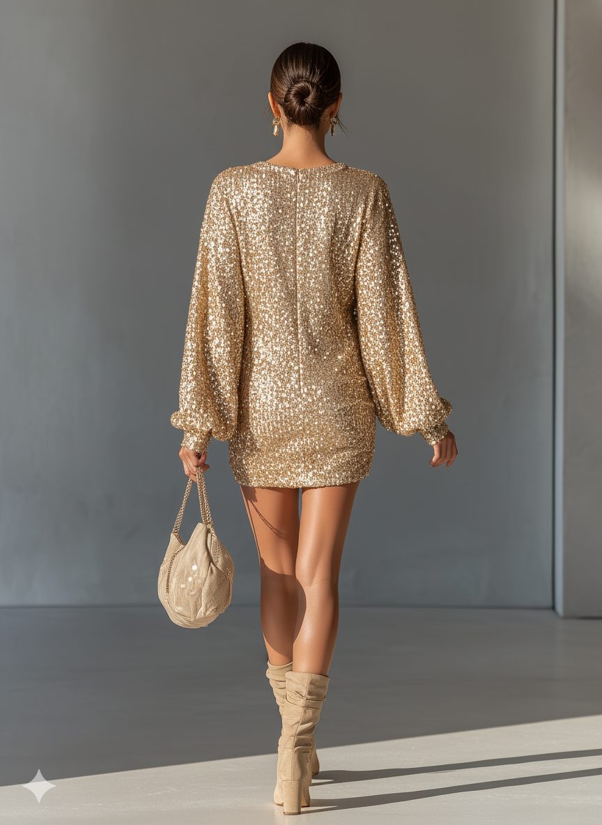 Gold sequin mini dress, view 3
