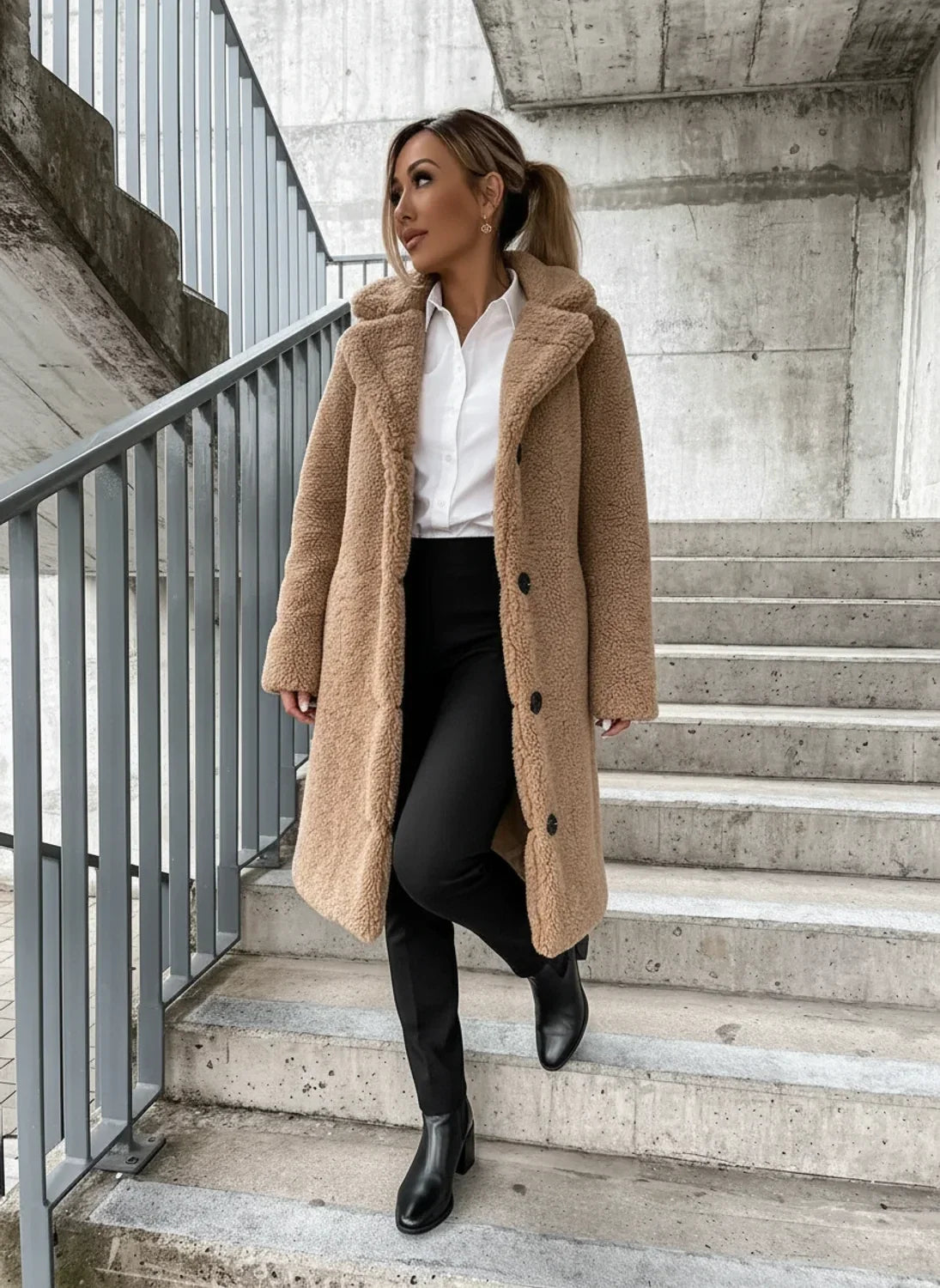 Kathleen long collared button-front teddy coat, front view