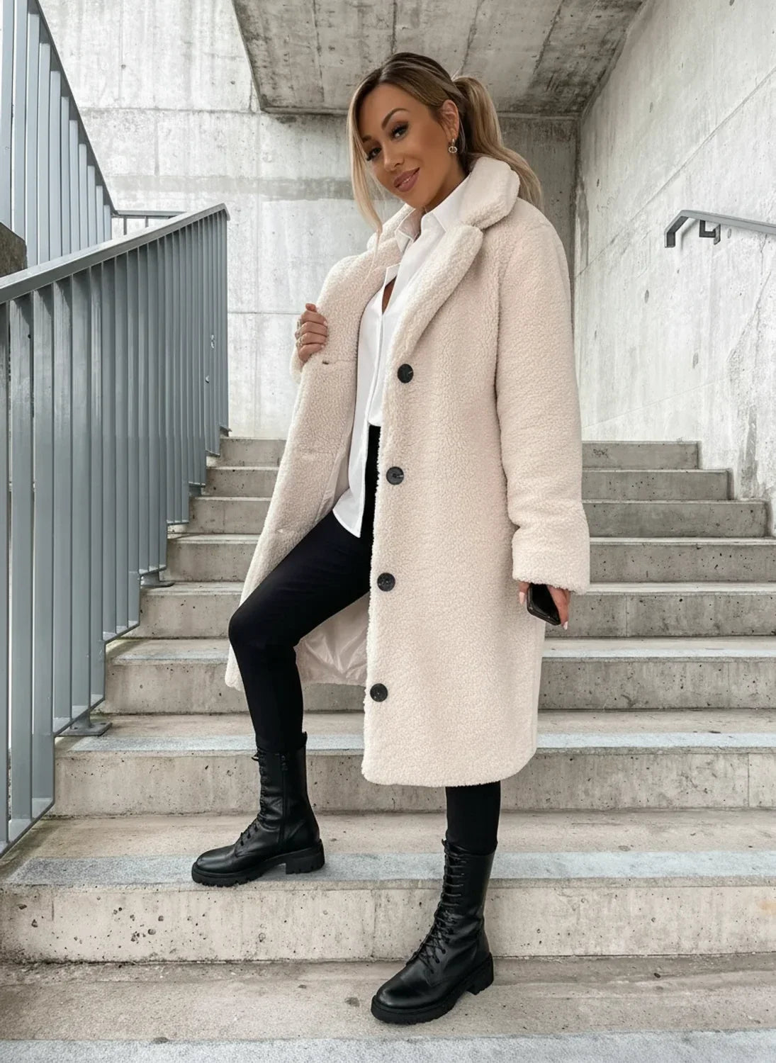 Long collared button-front teddy coat, side view