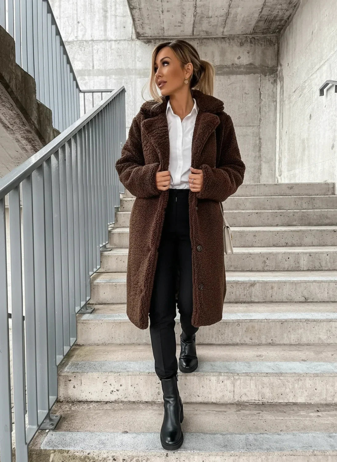 Long collared button-front teddy coat, back view