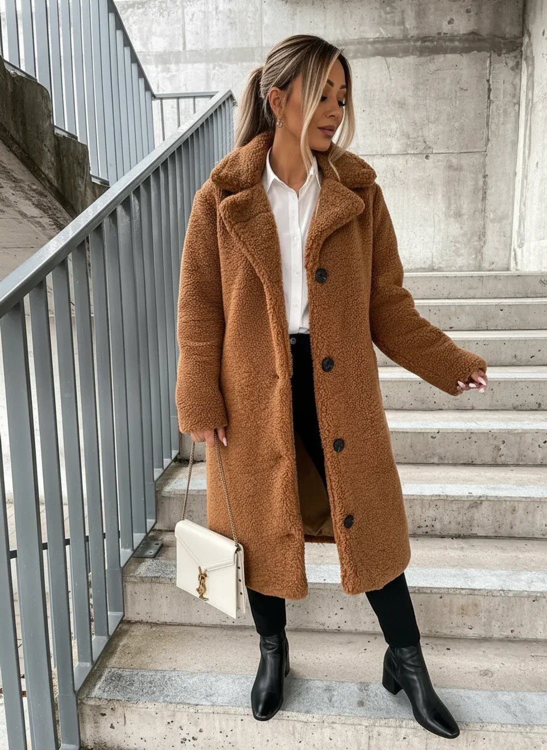 Long collared button-front teddy coat, close-up of the collar