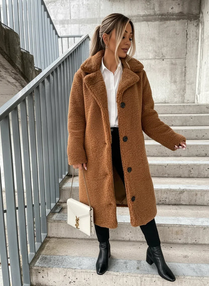 Long collared button-front teddy coat, close-up of the collar