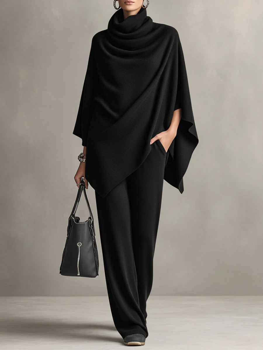 Katrine poncho top & wide-leg pants set in black, front view