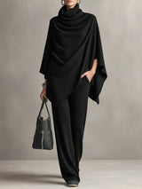 Katrine poncho top & wide-leg pants set in black, front view