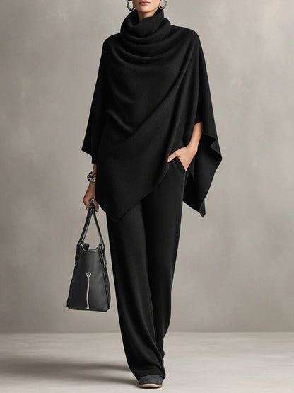 Katrine poncho top & wide-leg pants set in black, front view