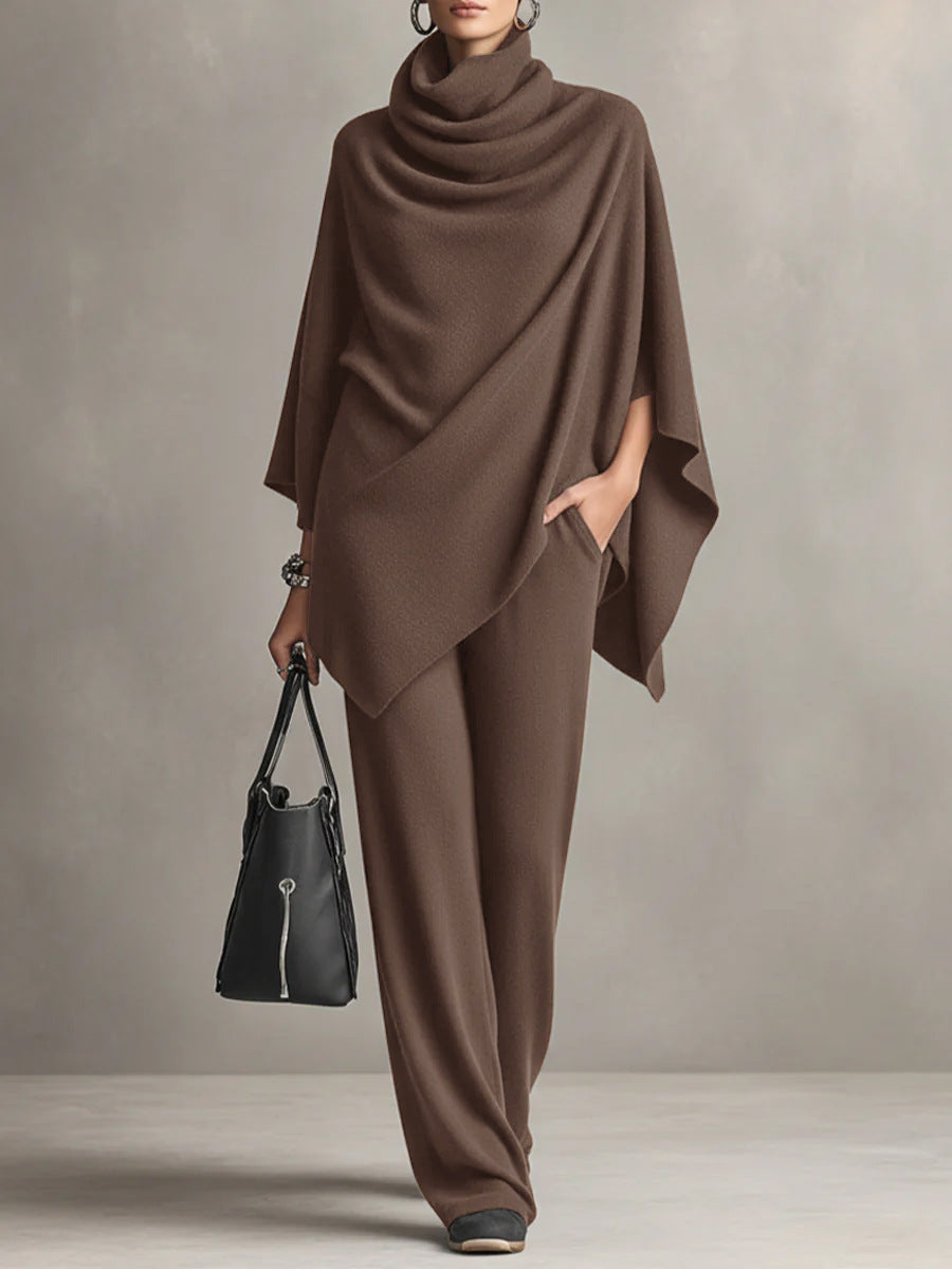Poncho top & wide-leg pants set in brown