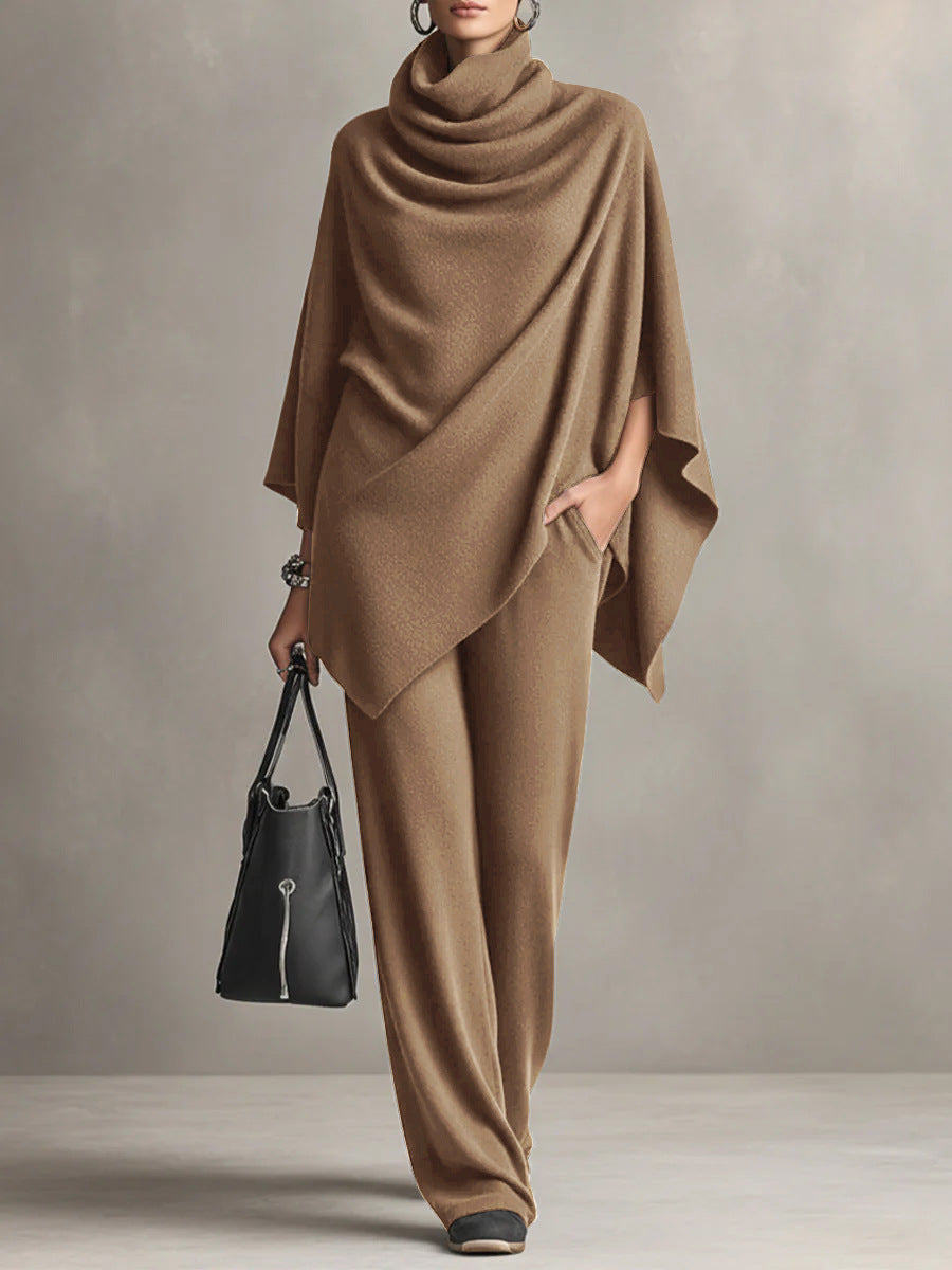 Poncho top & wide-leg pants set in beige
