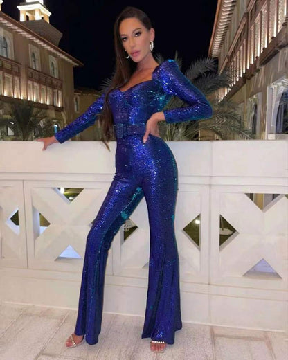 Kitty sparkly sequin belted evening jumpsuit, front view