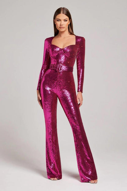 Sparkly sequin belted evening jumpsuit, side view