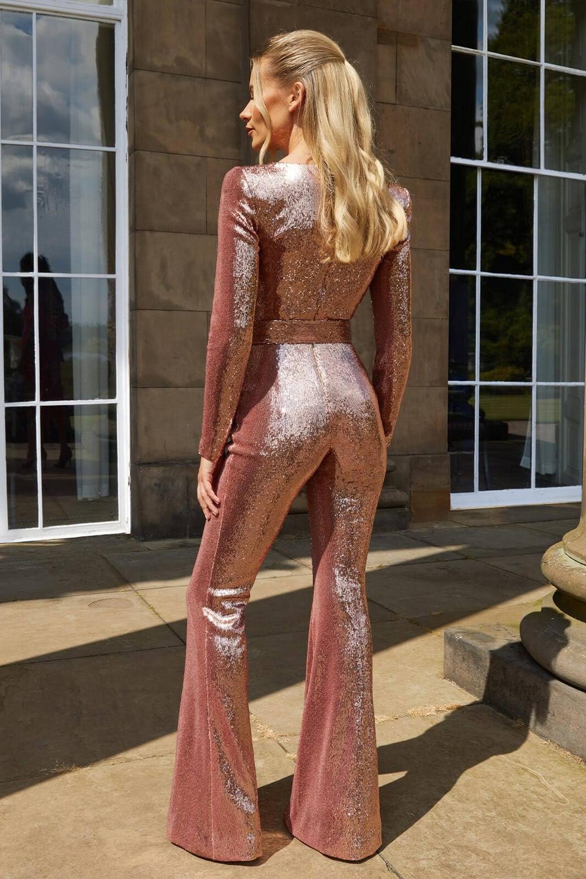 Sparkly sequin belted evening jumpsuit, close-up of the neckline