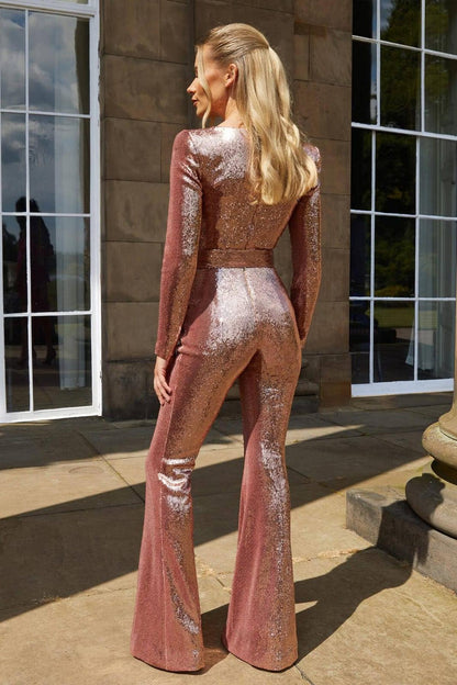 Sparkly sequin belted evening jumpsuit, close-up of the neckline