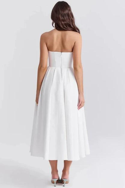 White pleated A-line midi dress, back view