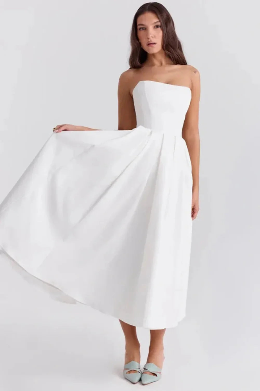 Strapless pleated midi dress in white, full-length view