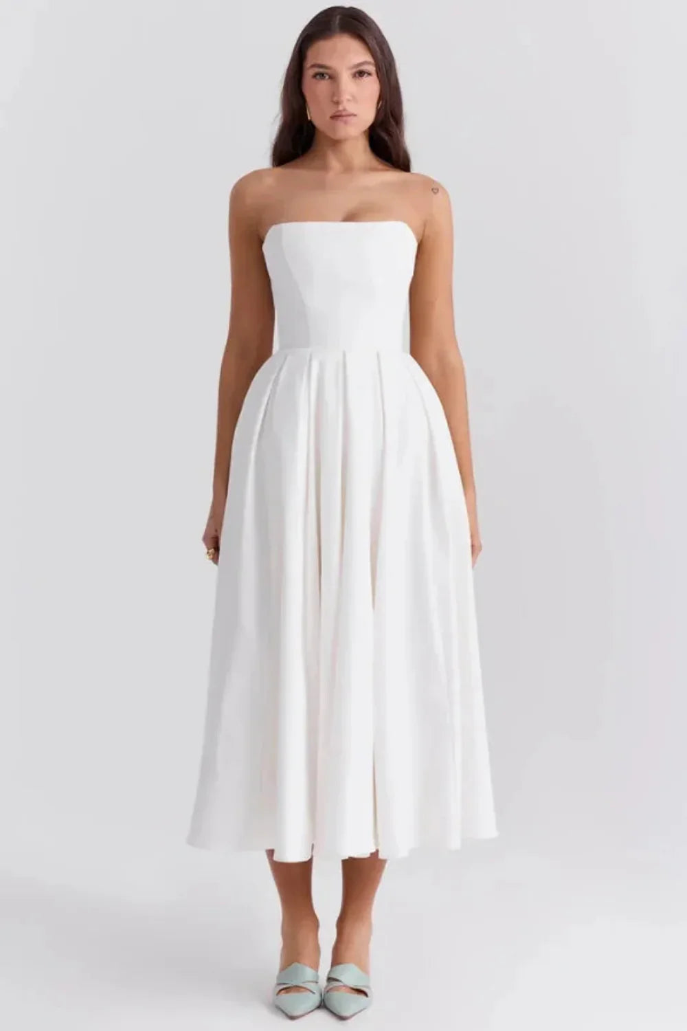 Strapless pleated A-line midi dress in white, front view