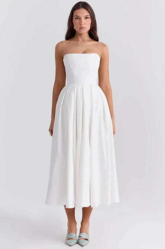 Strapless pleated A-line midi dress in white, front view
