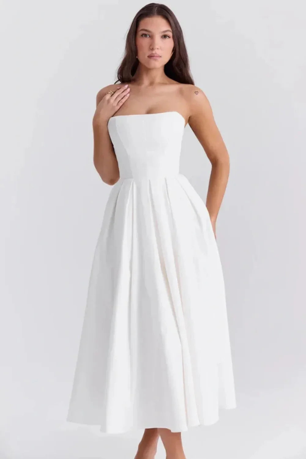 Strapless midi dress showing boned bodice detail
