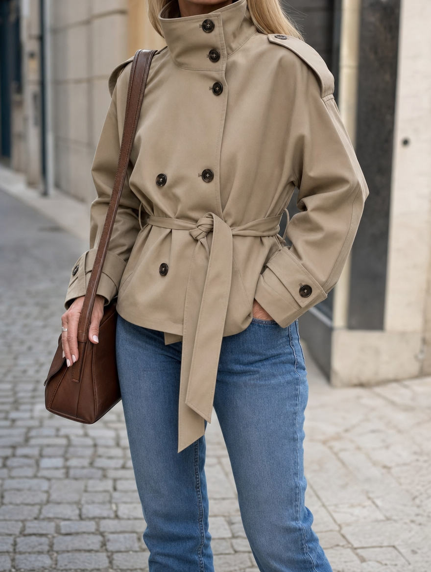 Kristabel short belted trench coat in khaki, front view