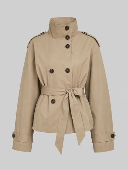Short belted trench coat in khaki, view 2