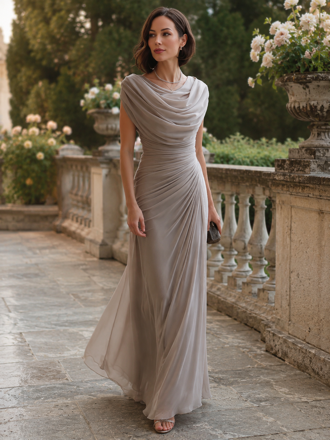 Cowl neck maxi dress showing draped neckline detail
