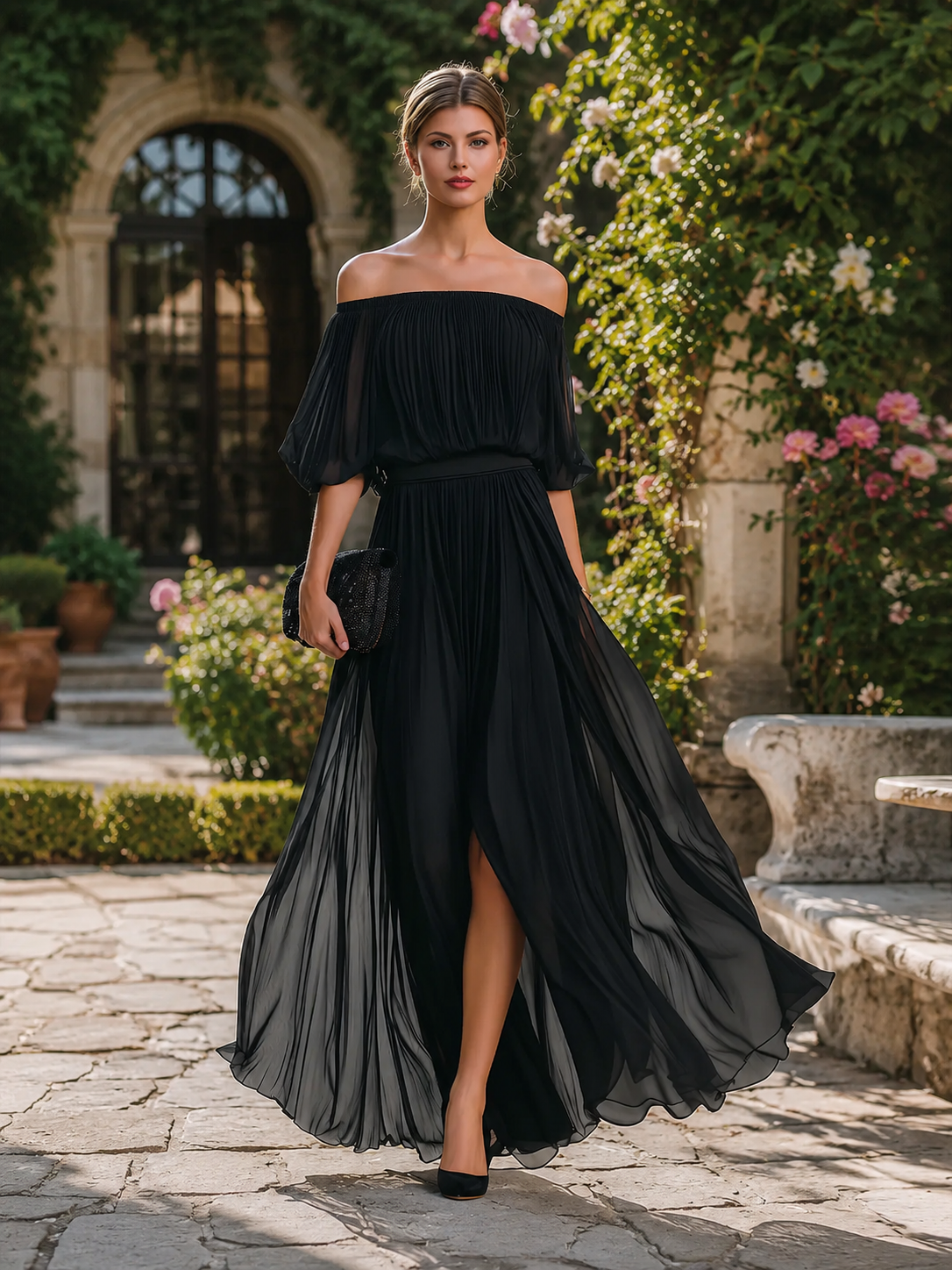 Off-shoulder pleated maxi dress, back view