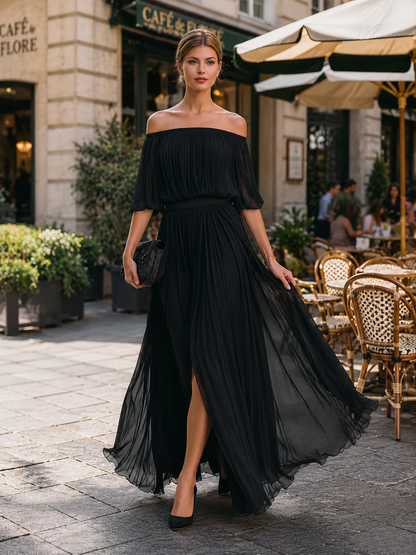 Off-shoulder maxi dress with sheer three-quarter sleeves