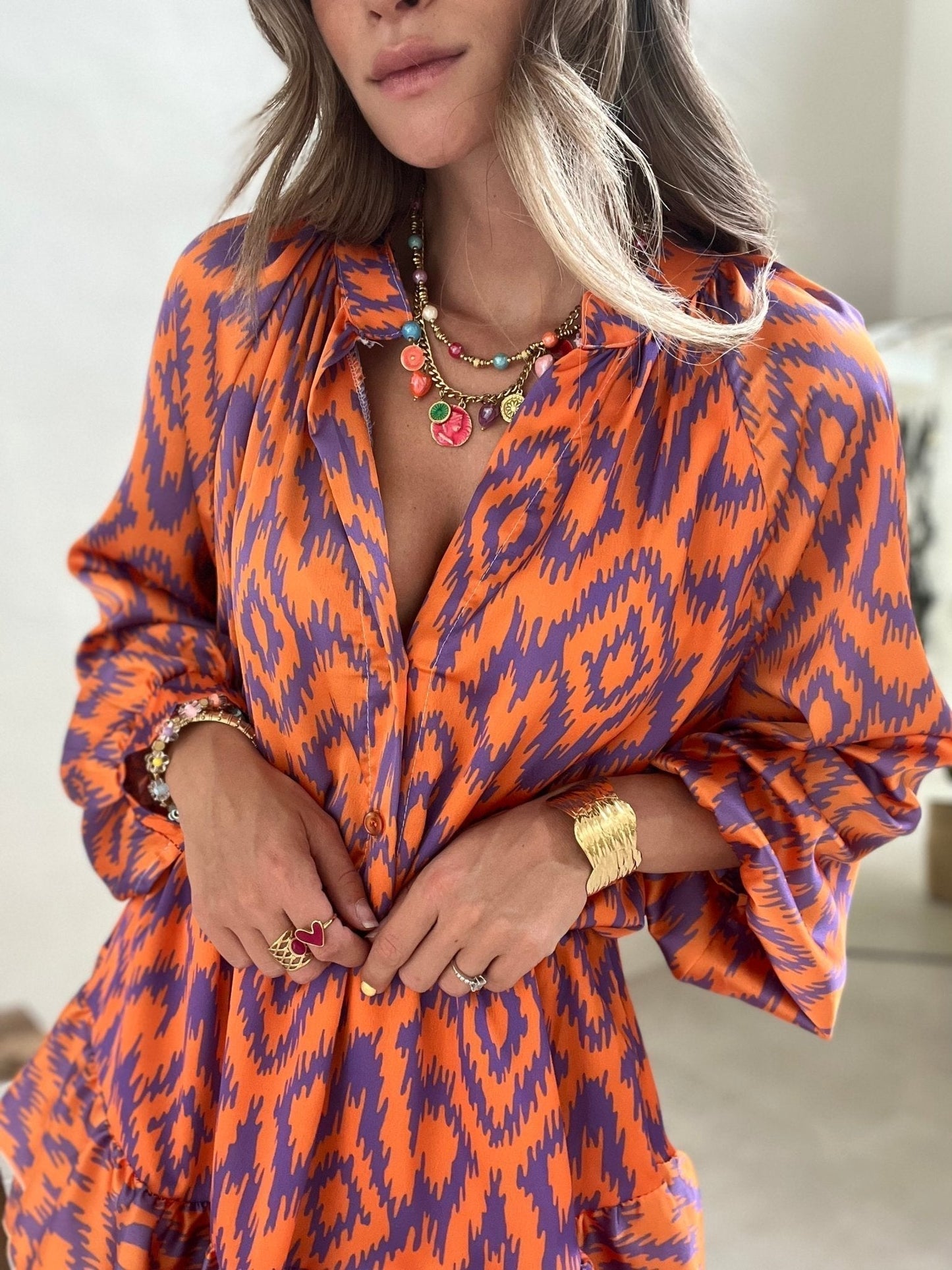 Delphina boho mini dress split V-neckline detail