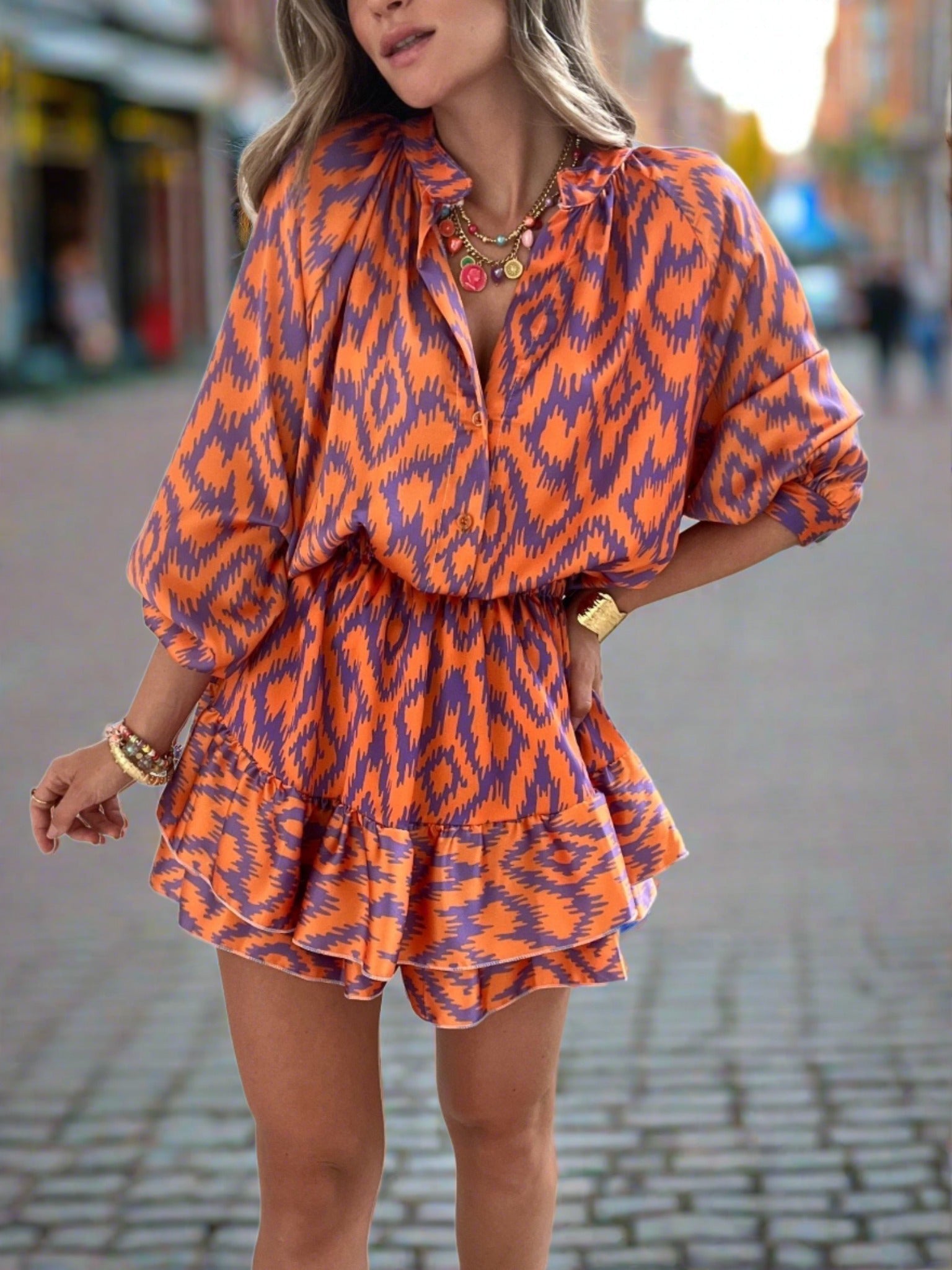 Delphina long sleeve printed boho mini dress front view