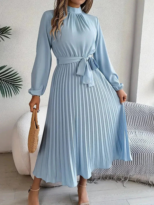 Laverne long sleeve pleated belted dress, front view