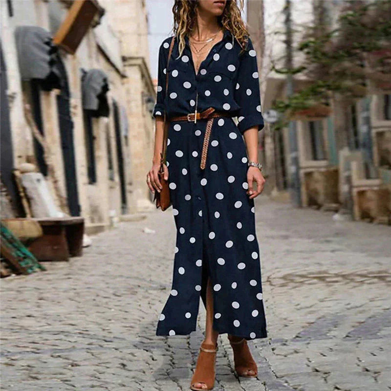 Polka dot maxi shirt dress with slit