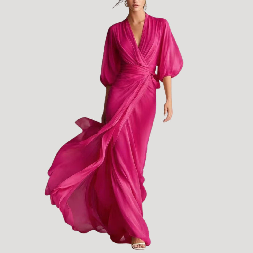 Wrap maxi dress showing ruched waist