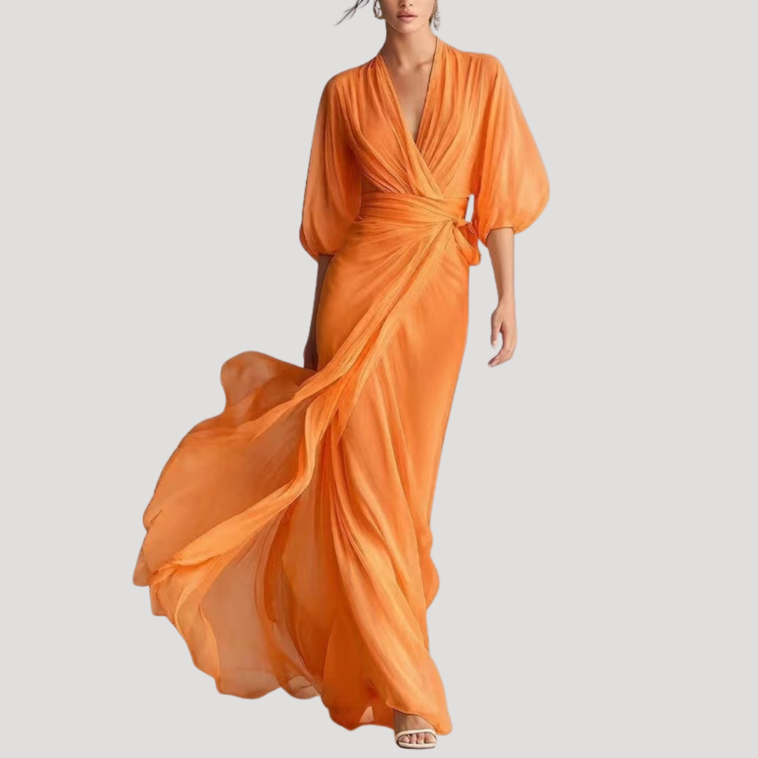 Balloon sleeve wrap maxi dress, back view